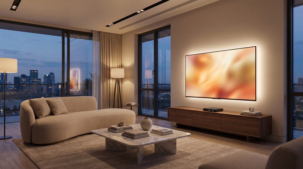 vSeeBox V6 Max set up under a TV in a modern living room